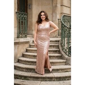 Rose Gold Sequin Geometric Greek Key Maxi Dress Sweetheart Neckline Side Slit